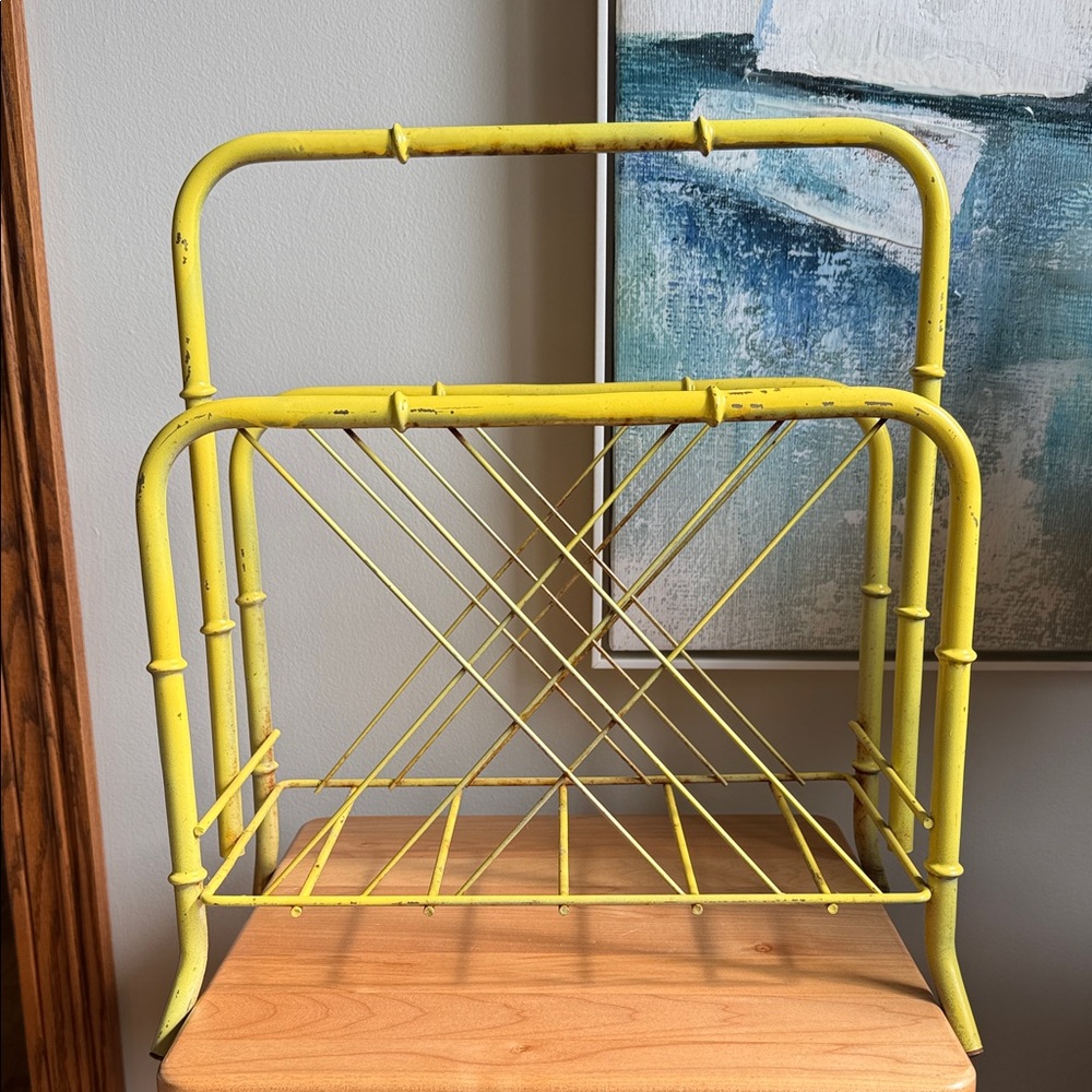 Vintage MCM Faux Bamboo Magazine Rack Yellow Hollywood Regency Metal Record Hldr